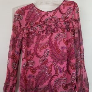 Ruffle-front chiffon top in vibrant paisley